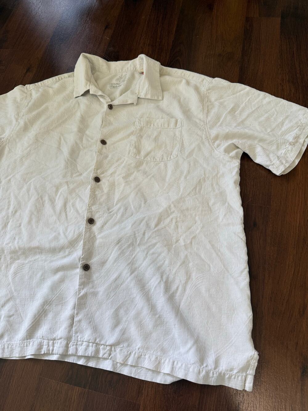 Tommy Bahama 100% Silk Hawaiian Shirt Tropical Floral Print Beige Sz XL Resort